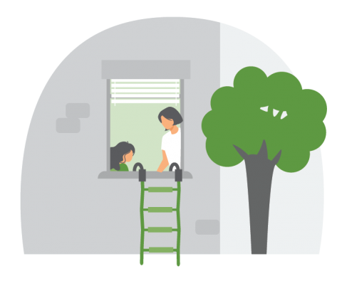 Illustration of a mother showing her daughter how to use a fire escape ladder.