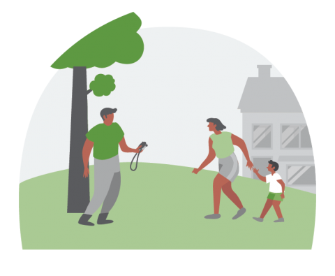 A father holding a stop watch, running a fire drill as mother and son run toward the safety spot.