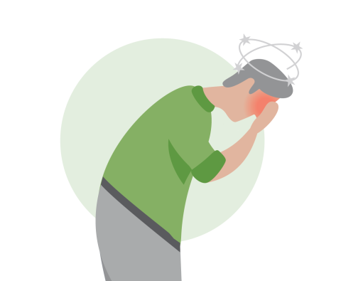 Illustration of a dizzy man with irritated eyes.
