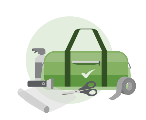 an emergency supply kit including scissors, duct tape, plastic sheeting and a flashlight.