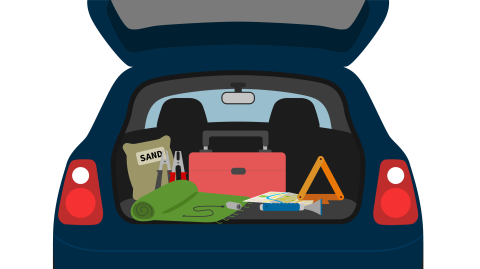 Emergency car kit in the back of an SUV that includes sand, a blanket, a first aid kit, reflective triangle, phone charger and ice scraper.